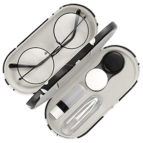 MoKo Double Eyeglass Case,Glasses and contact case 2 in 1 with Mirror - color: Black & White Magnolia