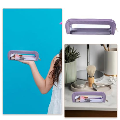 Psyqtsuary Small Clear Makeup Pouch, PU Leather Portable Makeup Brush Bag - color: Dark Purple
