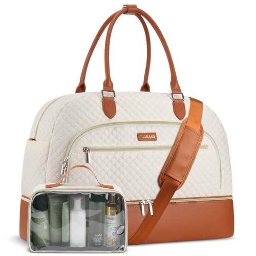 Weekender Bags for Women, Large Travel Duffel Bag Carry on Overnight Bag with Shoe Compartment and Toiletry Bag for Travel Business Gym Hospital, Beige Brown - color: Beige Brown