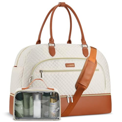 Weekender Bags for Women, Large Travel Duffel Bag Carry on Overnight Bag with Shoe Compartment and Toiletry Bag for Travel Business Gym Hospital, Beige Brown - color: Beige Brown