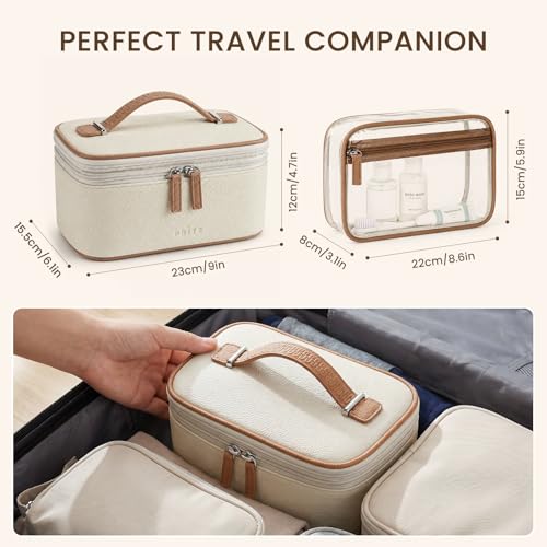 Prite 2 Pcs Makeup Bag Set Travel Cosmetic Case with Clear Toiletry Bag - color: Beige