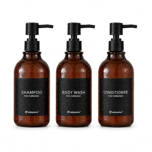 Amber Shampoo and Conditioner Dispenser Set of 3, Black Smooth Pump - color: Amber
