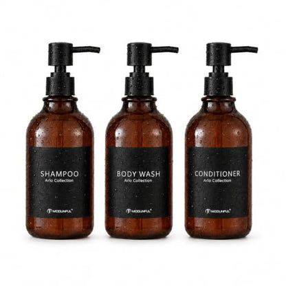 Amber Shampoo and Conditioner Dispenser Set of 3, Black Smooth Pump - color: Amber