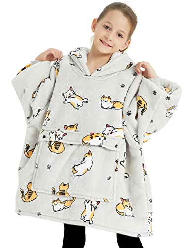 KFUBUO Wearable Blanket Hoodie for Kids With Pocket, 6-10 Year Old, Cat - color: Cat, size: Kids 6-10YR