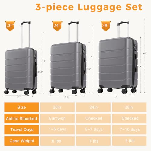 NEWBULIG 3 Piece Luggage Set, Expandable Suitcase with Spinner Wheels - color: Dark Grey, size: 3-PCS Set (20/24/28 Inch)