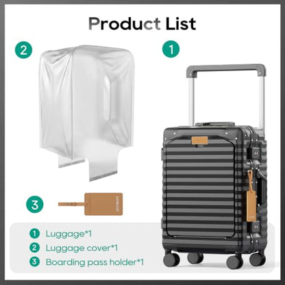 Joyway 20 Inch Carry on Luggage with Aluminium Frame and Front Pocket, PC Hardshell Suitcase with USB Port and Cup Holder, 21.5x14.2x9 Airline Approved, Luggage with Spinner Wheels and TSA Lock (Grey) - color: Grey, size: Zipperless Carry On