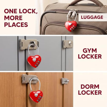 3Pcs Red Mini Love Heart Lock, Heart Padlock, Mini Code Lock,Padlocks and Hasps,Bags/Suitcase/Lockers/Backpacks/Jewelry Boxes Wire Rope 3-Digit Code Combination Padlock for Travel