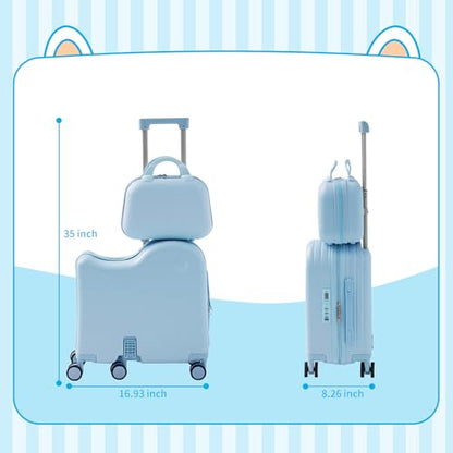 TABU Ride On Luggage Set with Bag, Carry On Suitcase for Kids, Blue - color: Blue