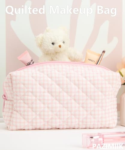 PAZIMIIK Small Quilted Makeup Bag,Zipper Cosmetic Pouch,Gingham Pink - color: Gingham Pink