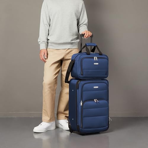 Amazon Basics Softside Luggage Set, 23-Inch Expandable Suitcase with Wheels and 15-Inch Tote, Extra Space (+15%), Front Pockets, Telescopic Handle, Navy Blue - color: Navy Blue