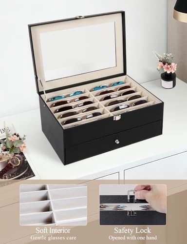 Sunglasses Storage Organizer Case with 24 Adjustable Slots, 2 Layer Multi Eyeglass Glasses Display Box with Lid Women - color: Black,24 Slots