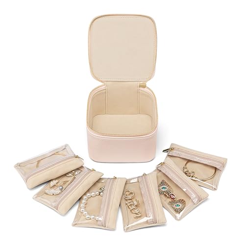 VLANDO Travel Jewelry Case with 6 Clear Velvet Zipper Pouches,Pink - color: B.6 PCS Pink