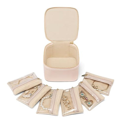 VLANDO Travel Jewelry Case with 6 Clear Velvet Zipper Pouches,Pink - color: B.6 PCS Pink