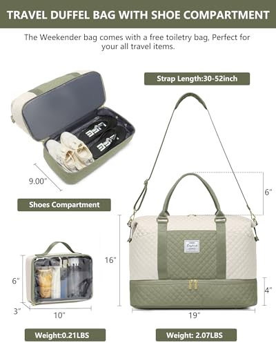 Travel Weekender Duffle Bag for Women: Overnight Bags with Shoe Compartment - color: Beige Green, size: Large