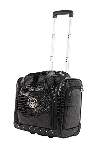 Kathy Van Zeeland Croco PVC Designer Underseat Luggage - 15 Inch Carry On Suitcase for Women- Lightweight Under Seat Bag with 2-Rolling Spinner Wheels (Black) - color: Black