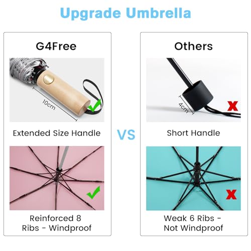 G4Free Windproof Travel Umbrella with Large Wooden Handle 46" Canopy - color: Silver/Pink