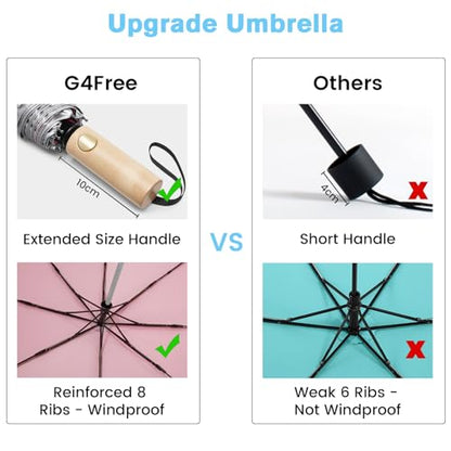 G4Free Windproof Travel Umbrella with Large Wooden Handle 46" Canopy - color: Silver/Pink