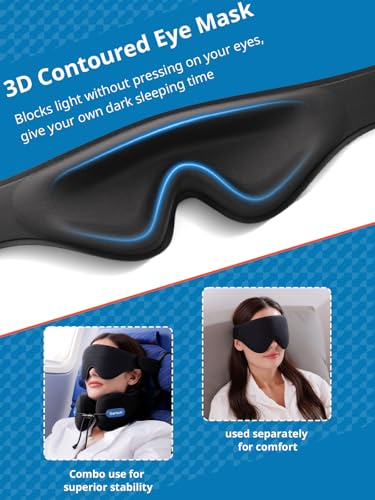 SARISUN Travel Neck Pillow with Strap & Eye Mask for Airplane Sleep Support - color: Grey&black