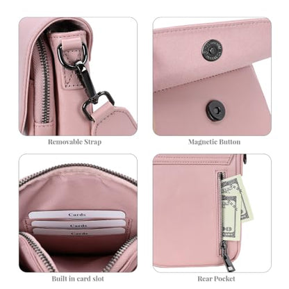 HESHE Small Leather Crossbody Bag for Women RFID Phone Purse with Card Slot - color: Light Pink