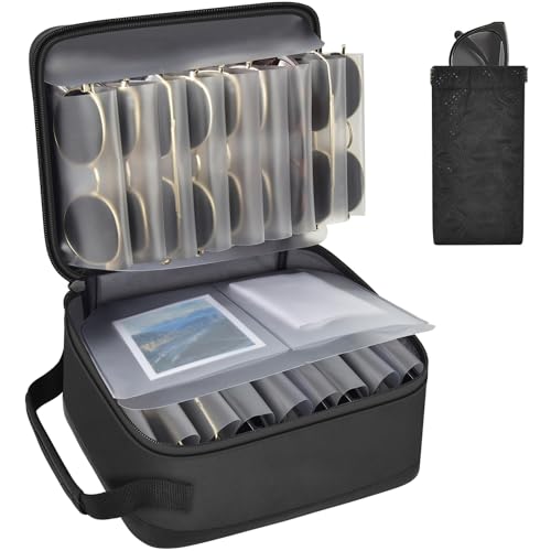 Sunglasses Organizer Case Holds 18 Pairs, Multiple Eyeglasses Storage Bag for Women Men, Polarized Sunglass Portable Travel Holder Attached One Squeeze-top Pouch for Travel(Glasses not included)