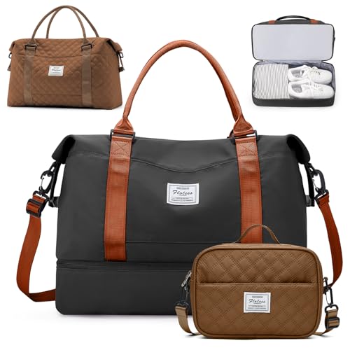 Weekender Bags for Women,Personal Item Travel Bag with Shoes Compartment - color: B-BlackBrown-3PCS-4051, size: Large
