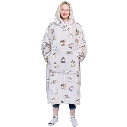 Waitu Wearable Blanket Sweatshirt Gifts for Women and Men, Warm and Cozy Giant Blanket Hoodie, Thick Flannel Blanket with Sleeves and Giant Pocket - Cat Gray - color: Cat Gray, size: Adult