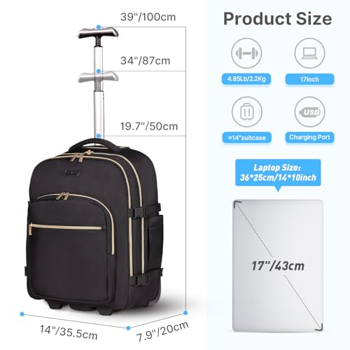 DEVPNR Rolling Backpack for Women, Travel Backpack with Wheels - color: Elegant Black