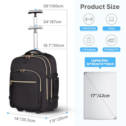 DEVPNR Rolling Backpack for Women, Travel Backpack with Wheels - color: Elegant Black