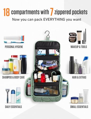 VENTURE 4TH Hanging Travel Toiletry Bag, 17 Compartments - Green Leaves - color: Green Leaves