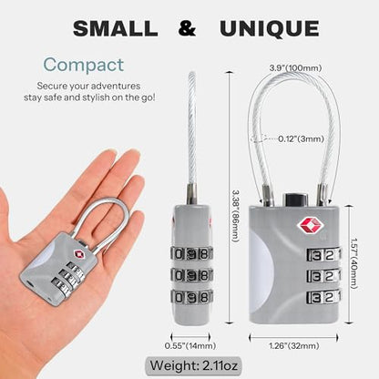 Travel Luggage Locks TSA Approved, Small Combination Padlock with Cable, Combo TSA Lock for Suitcase, Locker & Gym, Cabinet, Bag Zipper, Lock with Code for Travel Accessories (Silver) - color: Silver