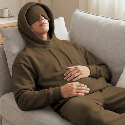Ainangua Mens Oversized Pullover Essentials Hoodie with Eye Mask Built In Comfor Airplane Mode Travel Sleep Wearable Blanket(Brown,L)