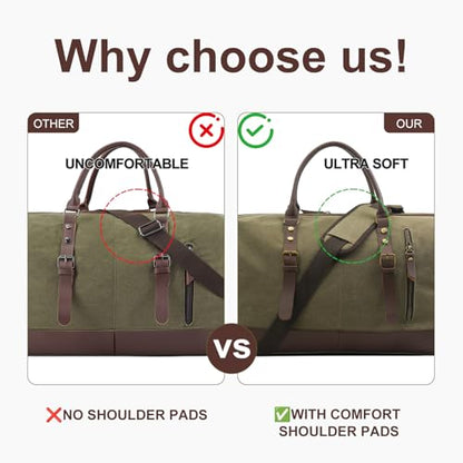 55L Canvas Duffle Bag for Men, Carry On Travel Weekender Overnight Bag - color: Green