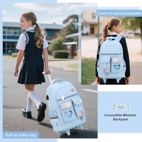 ACESAK 3PCS Rolling Backpack for Girls Children, Girls Backpack with Wheels - color: Blue
