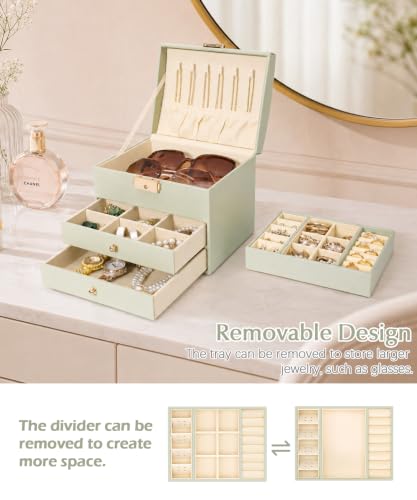Homde Small Jewelry Box for Girls: 3-Layer Lockable Organizer (Sage Green) - color: Sage Green