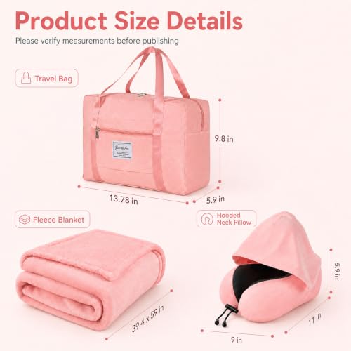 Travel Blanket and Pillow Set - Hooded Neck Pillow Airplane Essentials Pink - color: Pink