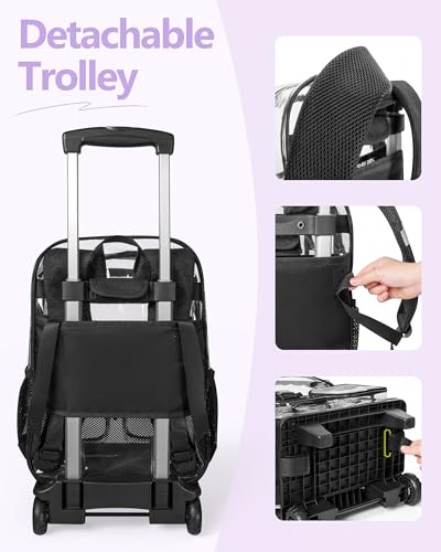 Yarwo Rolling Clear Backpack, 17" Transparent Bag with Detachable Trolley - color: Black