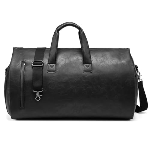 Leather Garment Bag，Convertible Garment Duffel Bag for Travel Mens Suit Bag 2 in 1 Waterproof Foldable Carry on Garment Bag with Shoulder Strap Weekender Bag with Shoe Pouch - color: PU-Black