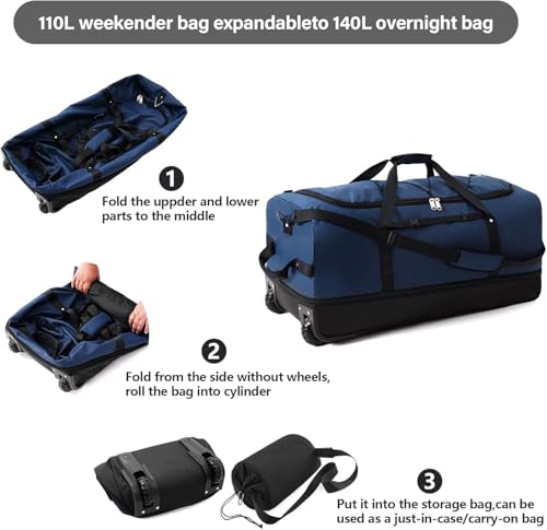 Rolling Duffle Bag with Wheels,110L/140L Expandable Soft-Sided Foldable Duffle Bag with 2 Rubber Wheels,Packable 32” Rolling Carry-On with Pockets & Compartments (Dark blue) - color: Dark blue