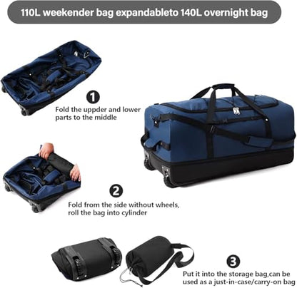 Rolling Duffle Bag with Wheels,110L/140L Expandable Soft-Sided Foldable Duffle Bag with 2 Rubber Wheels,Packable 32” Rolling Carry-On with Pockets & Compartments (Dark blue) - color: Dark blue