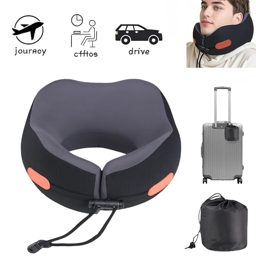 Travel Pillow, Memory Foam Neck Pillow for Airplanes, Includes Eye Mask & Ear Plugs, Ergonomic Design, 360° Support Stowable Pillows for Plane, Car, Train and Home, Black