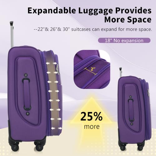 Merax Softside Luggage Set 4 Piece,18/22/26/30 Expand Suitcase,Purple - color: Purple, size: 18/22/26/30