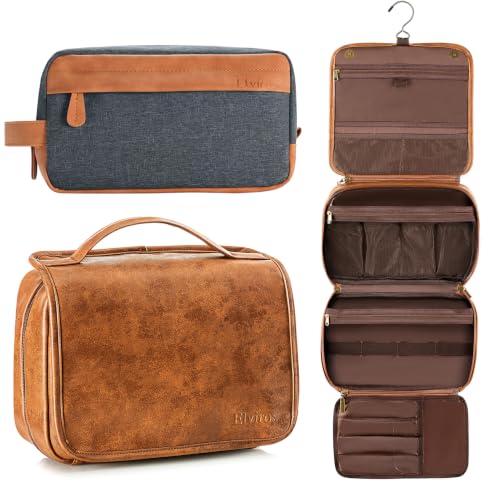 Elviros Men's Hanging Toiletry Bags, PU Leather Travel Dopp Kit, 2 Pack - color: Brown, size: 2-Piece Set