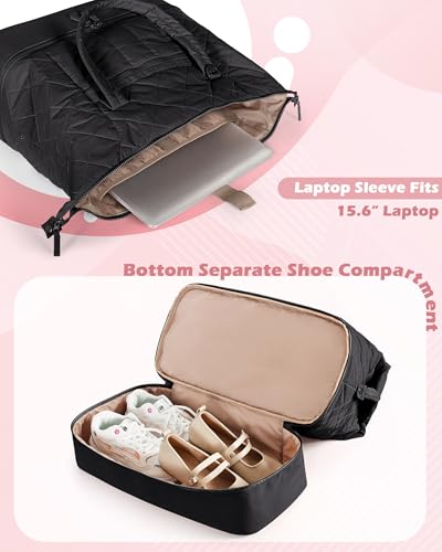 Smasrob Quilted Duffle Bag with Shoe Compartment, Wet Pocket, Laptop Pocket - color: Black