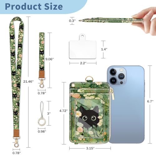 Cat Lanyard Wallet with Id Badge Holder Keychain for Card Women - color: Cat Green Leaf