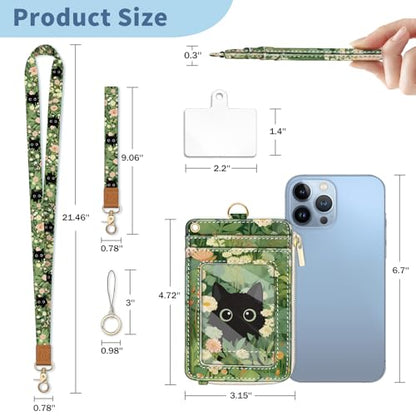 Cat Lanyard Wallet with Id Badge Holder Keychain for Card Women - color: Cat Green Leaf