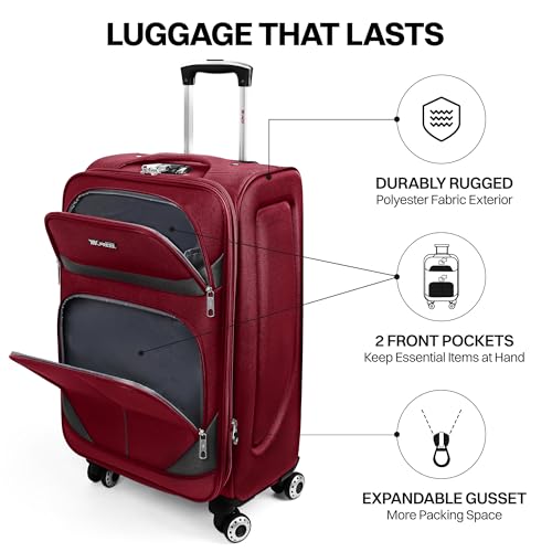 24'' Luggage,Softside Suitcase,w/LOCK,Expandable 15% - color: Burgundy-Grey, size: Checked-Medium 24-Inch