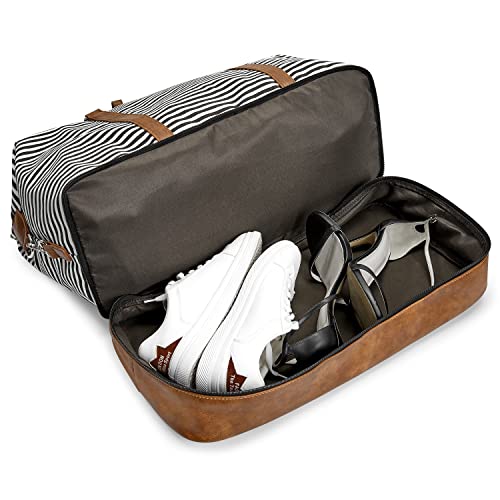 S-ZONE Weekender Bags for Women and Men Travel Duffel Bags with Shoe Compartment Overnight Carry on Duffle Tote Bag - color: A-Black Stripe