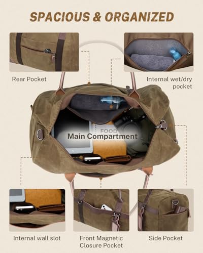 Gonex Waxed Canvas Duffle Bag, Waterproof 55L Travel Weekender Overnight - color: Coffee