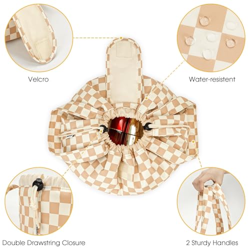 Narwey Lay Flat Drawstring Makeup Bag, Travel Toiletry Cosmetic Bag Women - color: Z-Light Checkerboard