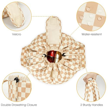 Narwey Lay Flat Drawstring Makeup Bag, Travel Toiletry Cosmetic Bag Women - color: Z-Light Checkerboard